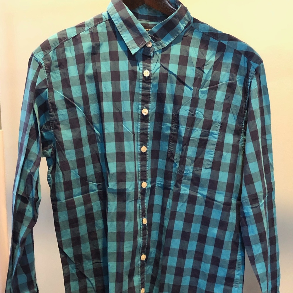 AEO Light Blue, Navy Plaid Button-down